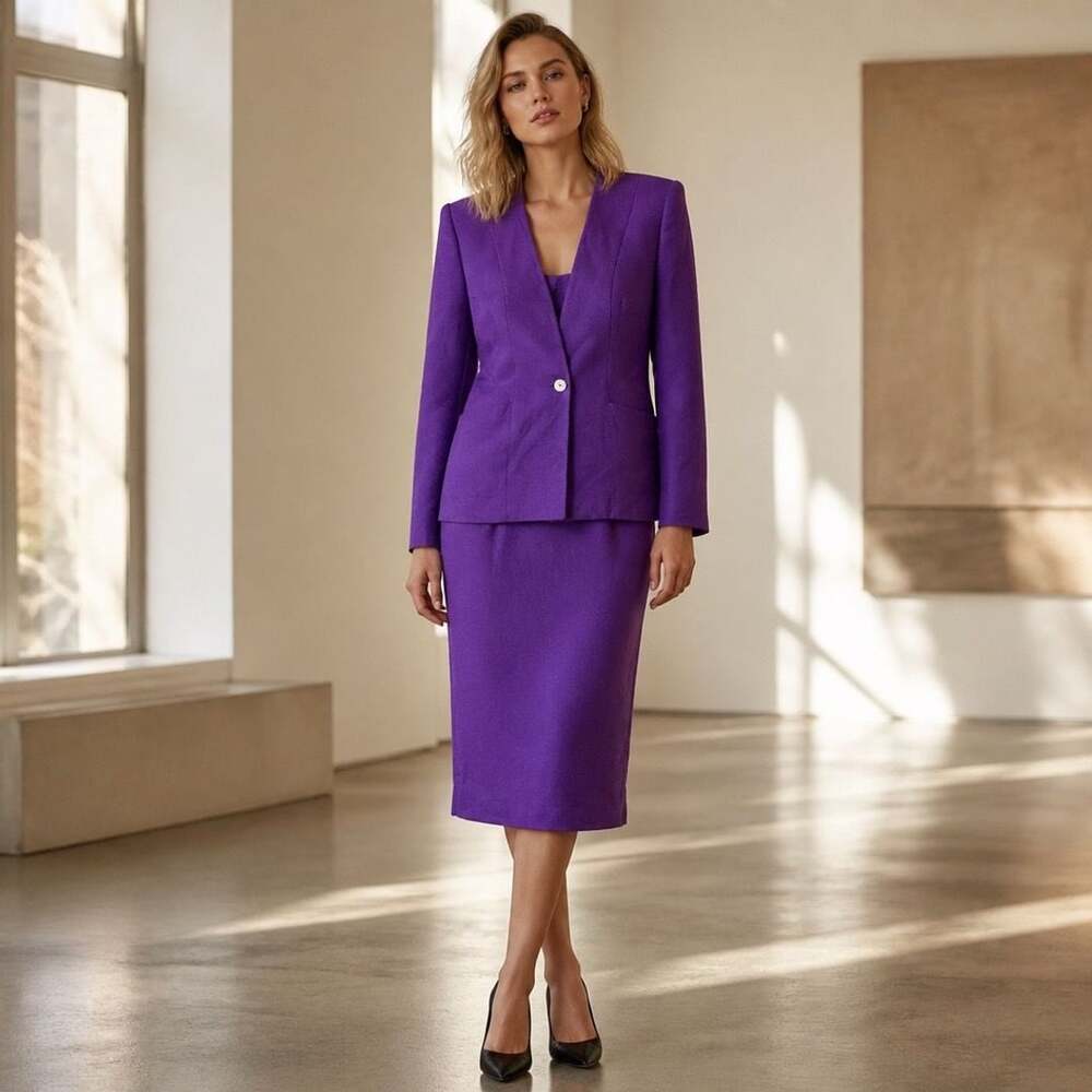 Chandler Purple Viscose-Linen Single Button Blazer and Midi Skirt Suit